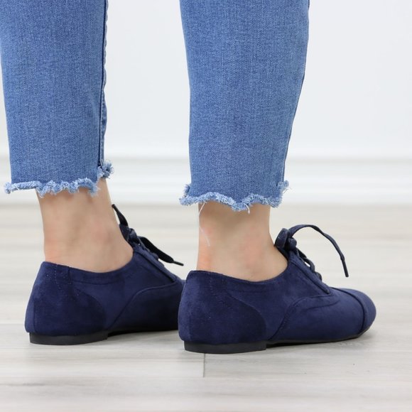 Navy Faux Suede Lace up Oxford Style Shoes Flats - Picture 5 of 12